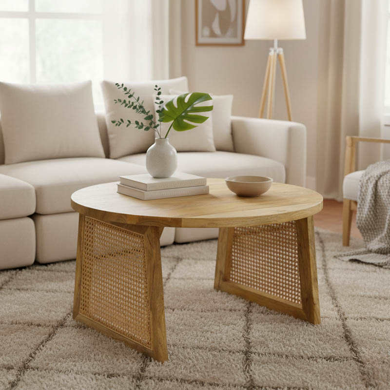 376-000007 Τραπέζι Tamarind pakoworld ξύλο mango-φυσικό rattan σε φυσική απόχρωση Φ65x40εκ