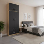 Ντουλάπα δίφυλλη με 2 συρτάρια και πατάρι Lego pakoworld σε oak-ανθρακί απόχρωση 80x42x240εκ