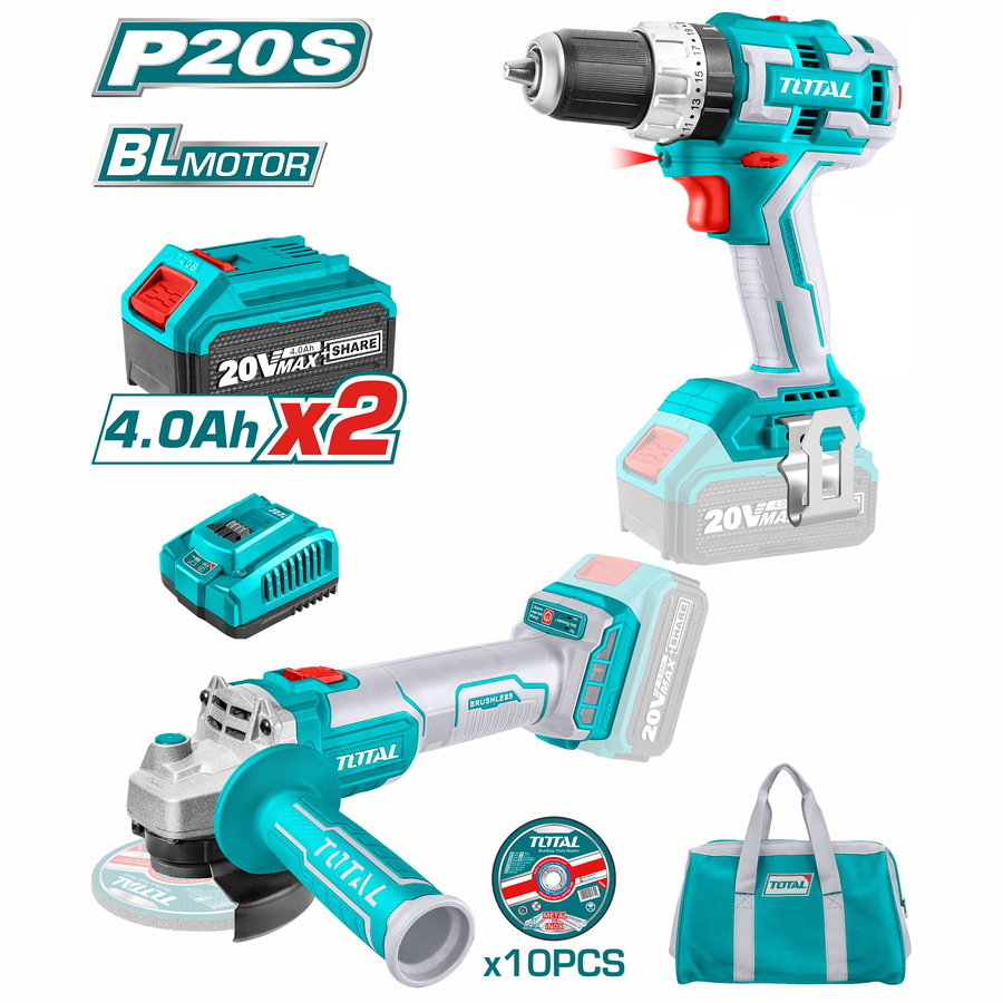 TCKLI6015 TOTAL ΕΠΑΓΓ. ΣΕΤ ΔΡΑΠ/ΒΙΔΟ ΚΡΟΥΣΤΙΚΟ + ΓΩΝΙΑΚΟΣ ΤΡΟΧΟΣ ΜΠΑΤ. Li-ion 20V / 4Ah (TCKLI6015)