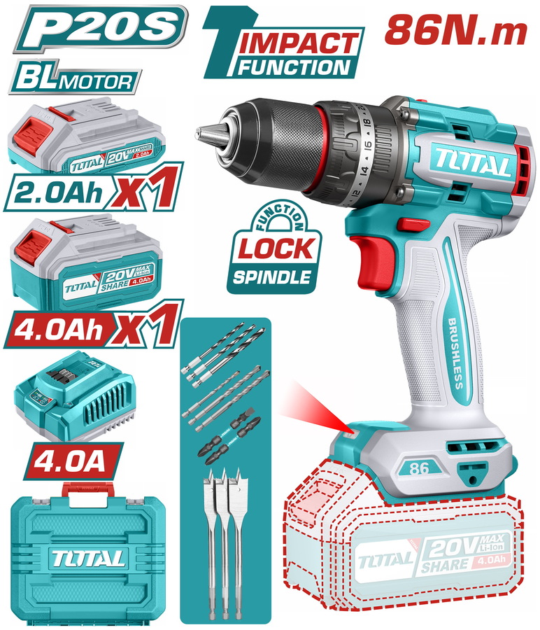 TIDLI20868E TOTAL ΕΠΑΓΓ. ΔΡΑΠ/ΒΙΔΟ ΚΡΟΥΣΤΙΚΟ ΜΠΑΤ. Li-ion 20V / 2Ah+4Ah / 86Nm / 2 ΜΠΑΤ BL Motor (TIDLI20868E)