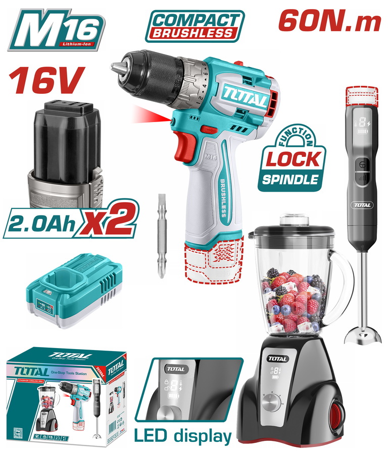 TOSLI240868E TOTAL ΣΕΤ ΔΡΑΠΑΝΟΚΑΤΣΑΒΙΔΟ 60Nm + BLENDER ΧΕΙΡΟΣ + BLENDER ΒΑΣΗΣ ΜΠΑΤ. Li-ion 16V / 2Ah / 2 ΜΠΑΤ (TOSLI240868E)