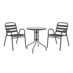 Tραπεζαρία Watson-Sussie pakoworld σετ 3τεμ μέταλλο ανθρακί-γυαλί Φ60x70εκ