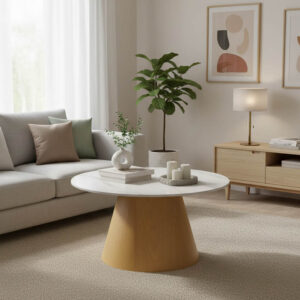 Τραπέζι σαλονιού Soleire Inart λευκό μαρμάρου sintered stone -μεταλλική βάση Φ70x41.5εκ