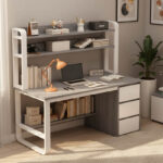 Γραφείο Soco pakoworld με ραφιέρα-MDF γκρι-λευκό 120x50x147εκ - Image 2