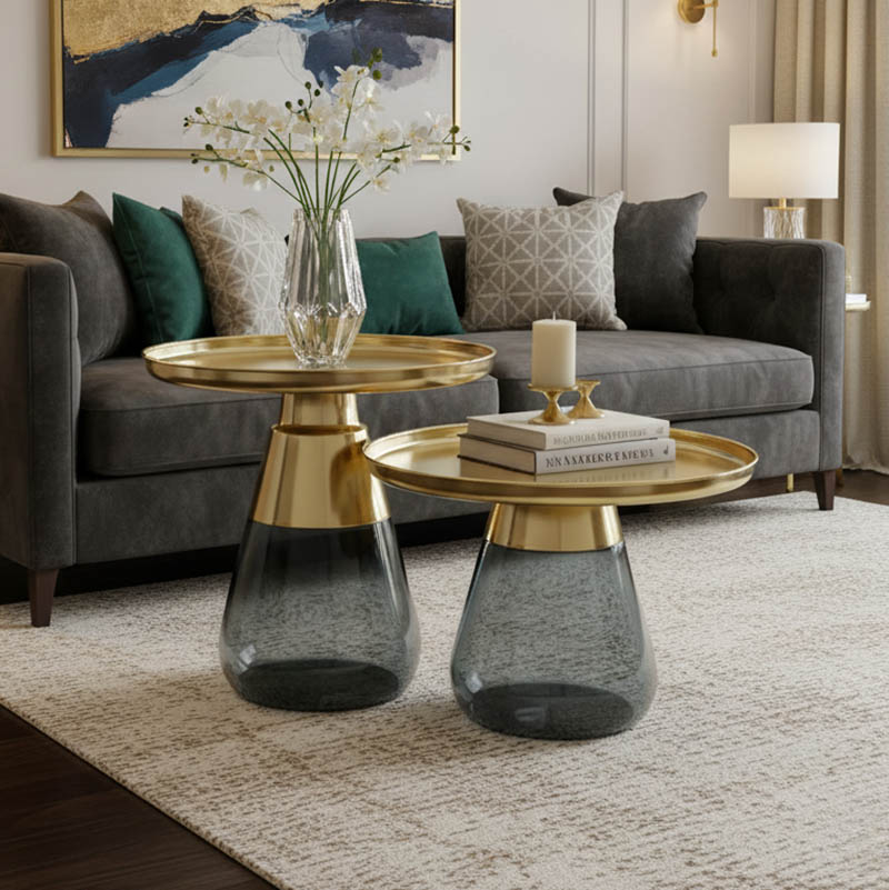 101-000124 Τραπέζια σαλονιού Kunlo Inart σετ 2τεμ χρυσό χρώμιο-μαύρο γυαλί