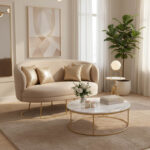 Καναπές διθέσιος Rony pakoworld βελούδο μπεζ-πόδι χρυσό μέταλλο 135x75x85εκ - Image 2