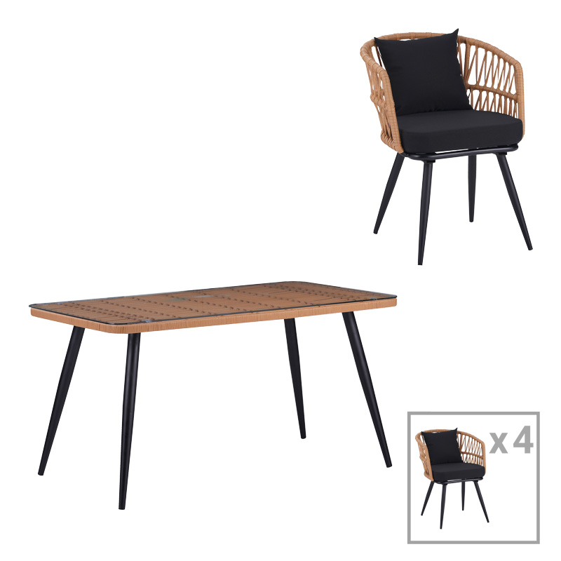 140-000064 Τραπεζαρία Naoki σετ 5 τεμ pakoworld γυάλινο- pe rattan σε φυσική απόχρωση με μαυρα πόδια 140x80x78εκ