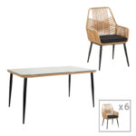 Τραπεζαρία Naoki-Tanish σετ 7τεμ pakoworld μέταλλο μαύρο-pe φυσικό-γυαλί 160x90x78εκ