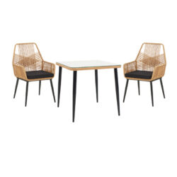 Τραπεζαρία Naoki-Tanish σετ 3 τεμ pakoworld μέταλλο μαύρο-pe φυσικό-γυαλί 80x80x78εκ