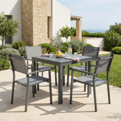 Τραπεζαρία Moly - Kliton Ι σετ 5τεμ pakoworld ανθρακί αλουμίνιο και textilene σε ανθρακί απόχρωση 80x80x74εκ