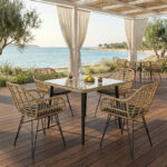 Τραπεζαρία Naoki V σετ 5τεμ pakoworld rattan pe σε φυσική απόχρωση και μαύρο μέταλλο 80x80x78εκ