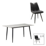 Τραπεζαρία Gustas-Nely pakoworld σετ 5τεμ λευκό μαρμάρου sintered stone-μαύρο μέταλλο 120x60x75εκ