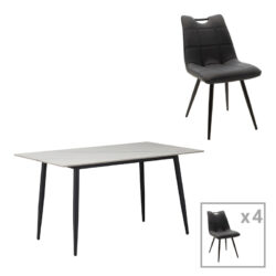 Τραπεζαρία Gustas-Nely pakoworld σετ 5τεμ λευκό μαρμάρου sintered stone-μαύρο μέταλλο 120x60x75εκ