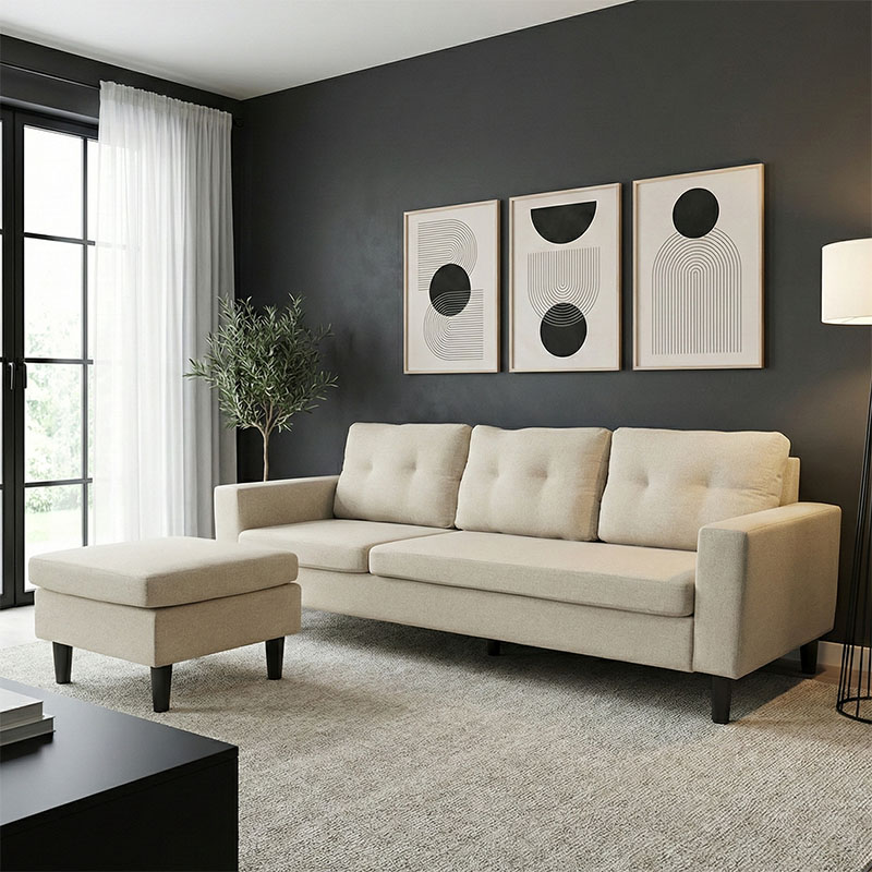 272-000004 Γωνιακός καναπές αναστρέψιμος Maneli pakoworld ύφασμα αμμου -μπεζ 196x138/77x82εκ