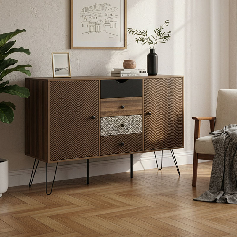 066-000006 Μπουφές Boho pakoworld με τέσσερα συρτάρια καρυδί μεταλλικά πόδια 122x39