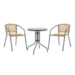 Tραπεζαρία Watson-Lindaria pakoworld σετ 3τεμ μέταλλο ανθρακί-γυαλί- pe rattan σε φυσική απόχρωση Φ60x70εκ