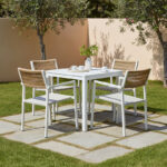 Τραπεζαρία Savor-Kliton σετ 5τεμ pakoworld λευκό αλουμίνιο και rattan σε φυσικό χρώμα 80x80x74εκ