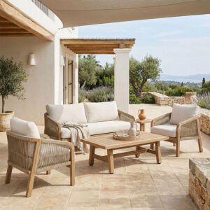 Σετ σαλονιού 4τμχ Malibu I pakoworld μασίφ ξύλο ακακίας-μπεζ ύφασμα