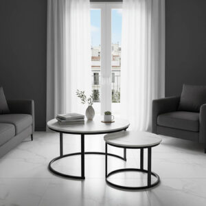 Τραπέζια σαλονιού Solme I pakoworld 2τεμ σε λευκή μαρμάρου απόχρωση με μαύρα μεταλλικά πόδια
