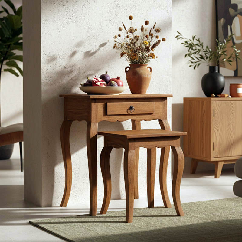 335-000018 Βοηθητικό τραπεζάκι Nesto pakoworld σετ 2 τεμ φυσικό αντικέ μαόνι ξύλο