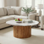 Τραπέζι σαλονιού Sergy pakoworld μασίφ ξύλο ακακίας σε φυσική απόχρωση με επιφάνεια μαρμάρου Φ90x40εκ - Image 2