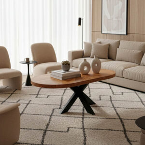 Τραπέζι σαλονιού Fardy pakoworld μασίφ ξύλο ακακίας σε φυσική απόχρωση με μαύρα μεταλλικά πόδια 120x60x45εκ