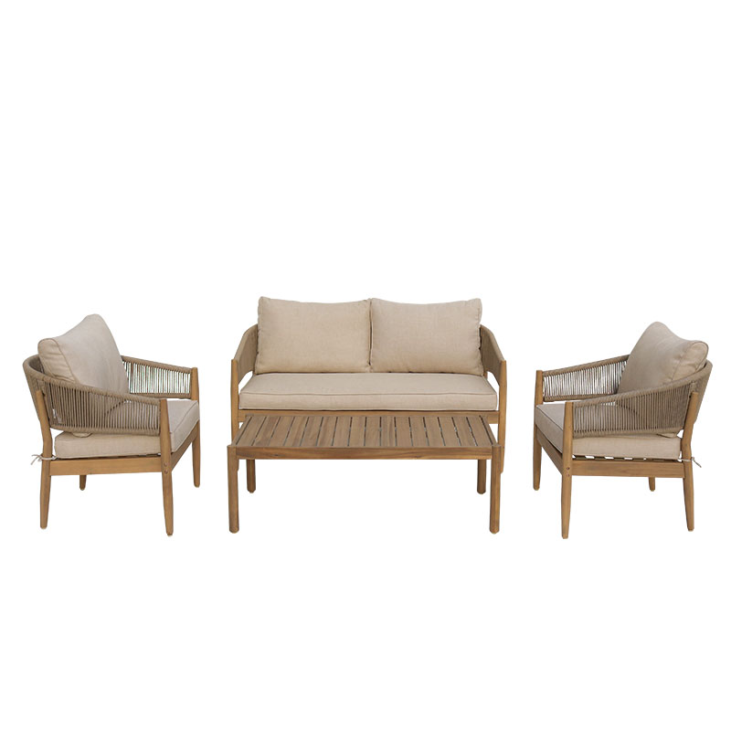 405-000001 Σαλόνι εξωτερικού χώρου Lemanda pakoworld μασίφ ξύλο ακακίας με σχοινί και μπεζ μαξιλάρια