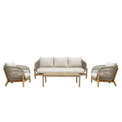 Σαλόνι εξωτερικού χώρου Verilan pakoworld μασίφ ξύλο ακακίας με σχοινί και μπεζ μαξιλάρια