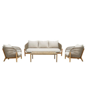 Σαλόνι εξωτερικού χώρου Verilan pakoworld μασίφ ξύλο ακακίας με σχοινί και μπεζ μαξιλάρια