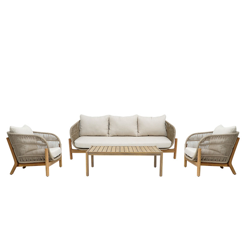 405-000002 Σαλόνι εξωτερικού χώρου Verilan pakoworld μασίφ ξύλο ακακίας με σχοινί και μπεζ μαξιλάρια