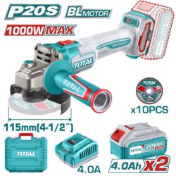 TOTAL ΕΠΑΓΓ. ΣΕΤ ΓΩΝΙΑΚΟΣ ΤΡΟΧΟΣ 115mm ΜΠΑΤ. Li-ion 20V / 4Ah / 2 ΜΠΑΤ (TAGLI271532E)