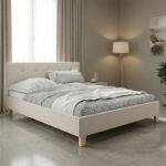 Κρεβάτι Mago pakoworld ύφασμα σε εκρού απόχρωση με φυσικό ξύλινο πόδι 140x200εκ