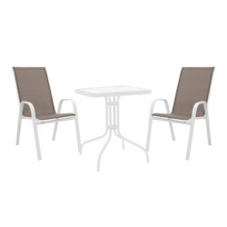 Τραπεζαρία Watson-Calan pakoworld σετ 3τεμ μέταλλο λευκό- γυαλί 70x70x70εκ