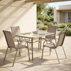 Τραπεζαρία Ensure-Calan pakoworld 5τεμ μέταλλο-γυαλί σε σαμπανιζέ απόχρωση 140x80x70εκ