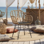 Πολυθρόνα Naoki pakoworld rattan σε φυσική απόχρωση με μαύρο μαξιλάρι και μεταλλικό μαύρο πόδι 58x64x81εκ - Image 3