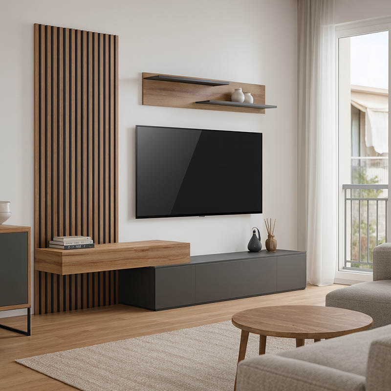 230-000090 Σύνθετο σαλονιού Litende pakoworld σε ανθρακί-oak απόχρωση 249.4x42.2x199.5εκ