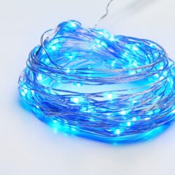 ΛΑΜΠΑΚΙΑ 100 LED ΣΕ ΣΕΙΡΑ ΜΠΛΕ ΑΣΗΜΙ ΜΕ ΜΠΑΤΑΡΙΕΣ 3xΑΑ ΧΡΟΝΟΔΙΑΚΟΠΤΗ & ΚΑΛΩΔΙΟ ΧΑΛΚΟΥ 10m IP44 10mm