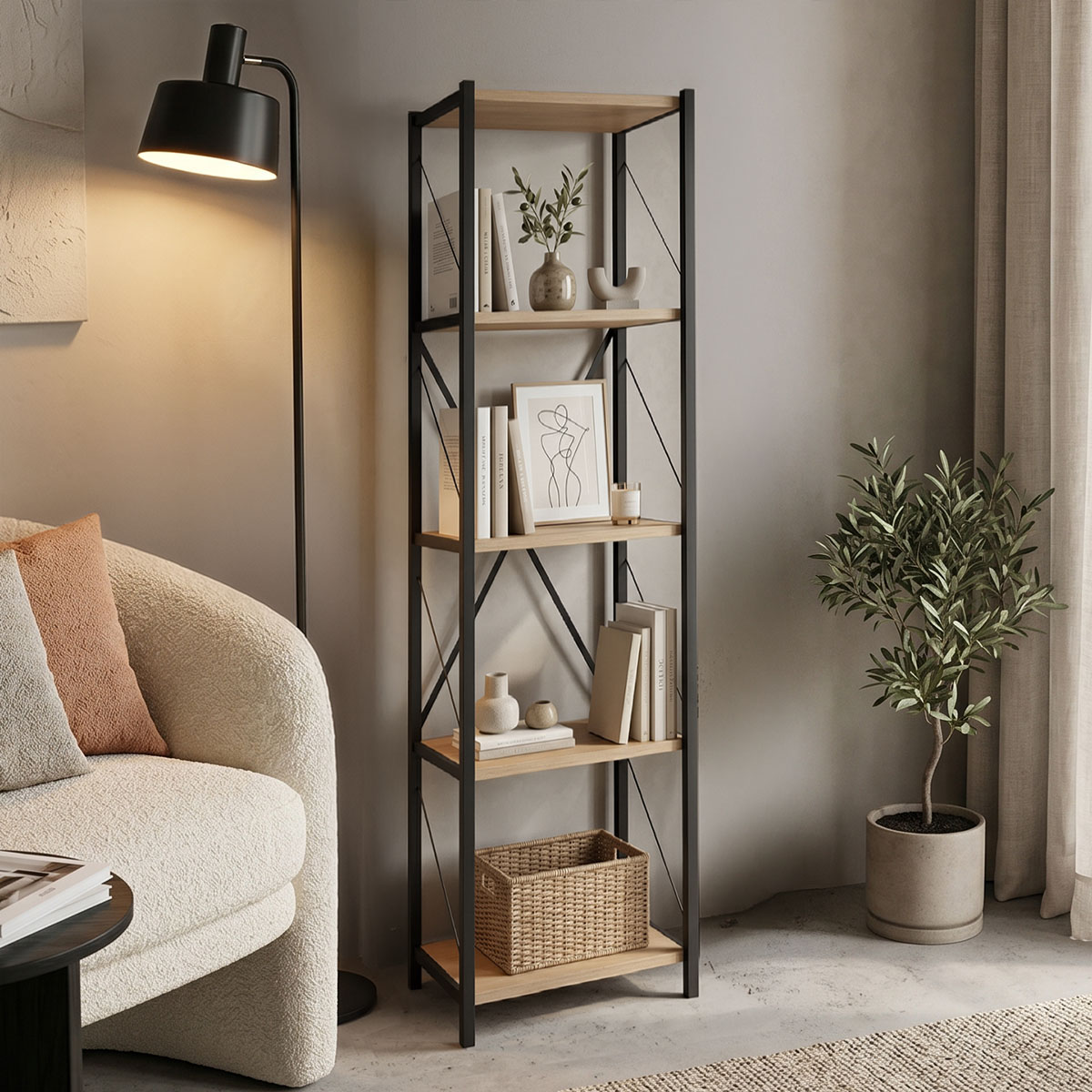 321-000008 Βιβλιοθήκη Glase pakoworld oak μελαμίνης-μαύρο μέταλλο 40x30x150εκ