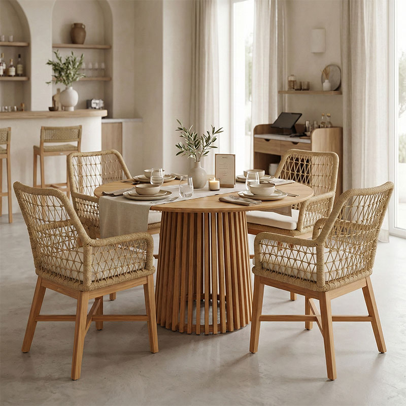 343-000048 Τραπεζαρία Elaiza-Kenda I pakoworld σετ 5τεμ teak ξύλο σε φυσική-μπεζ απόχρωση Φ120x75εκ