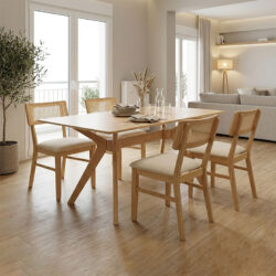 Τραπεζαρία Raffles pakoworld σετ 5τεμ rubberwood με pe rattanσε φυσική απόχρωση 150x90x76εκ