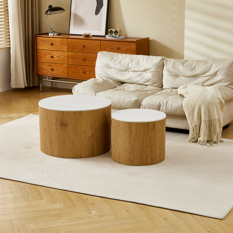 413-000001 Τραπέζι σαλονιού Nelba pakoworld σετ 2τεμ oak MDF με κεραμική επιφάνεια σε όψη μαρμάρου