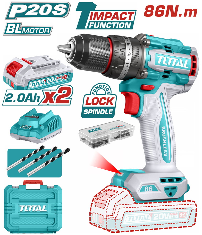 TIDLI208687E TOTAL ΕΠΑΓΓ. ΔΡΑΠ/ΒΙΔΟ ΚΡΟΥΣΤΙΚΟ ΜΠΑΤ. Li-ion 20V / 2Ah / 86Nm / 2 ΜΠΑΤ BL Motor (TIDLI208687E)