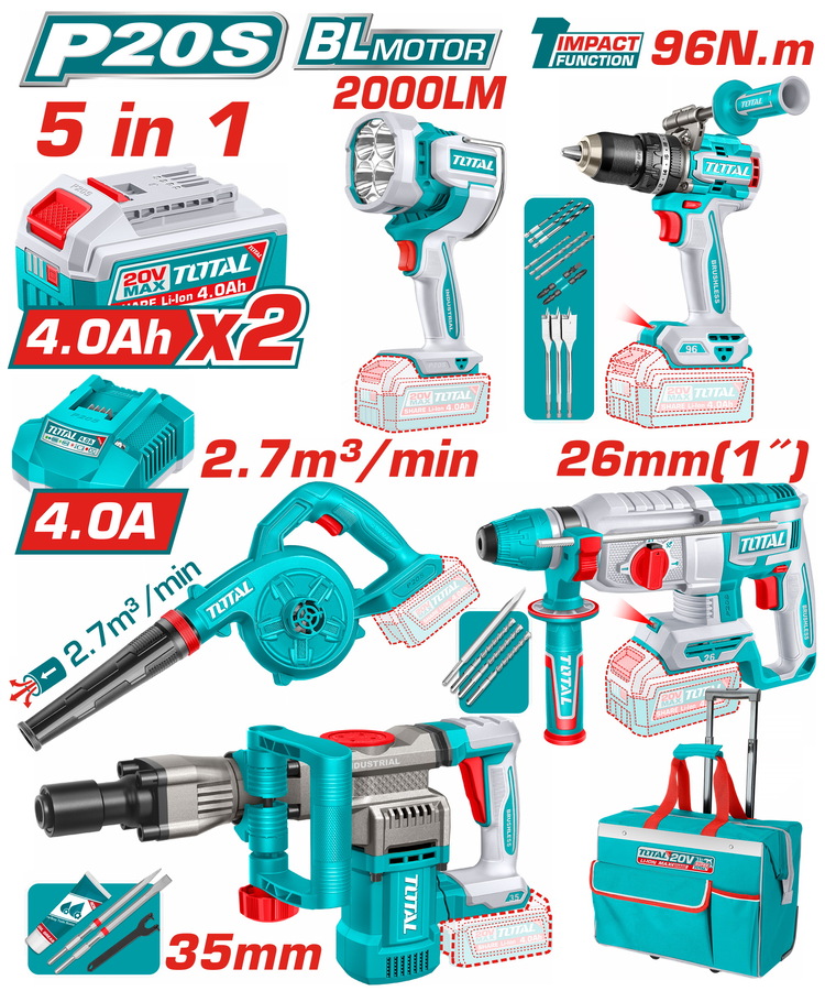 TOSLI251083E TOTAL ΕΠΑΓΓ. ΣΕΤ 5τεμ ΕΡΓΑΛΕΙΩΝ ΜΠΑΤ. Li-ion 20V / 4Ah / 2 ΜΠΑΤΑΡΙΕΣ BL Motor (TOSLI251083E)