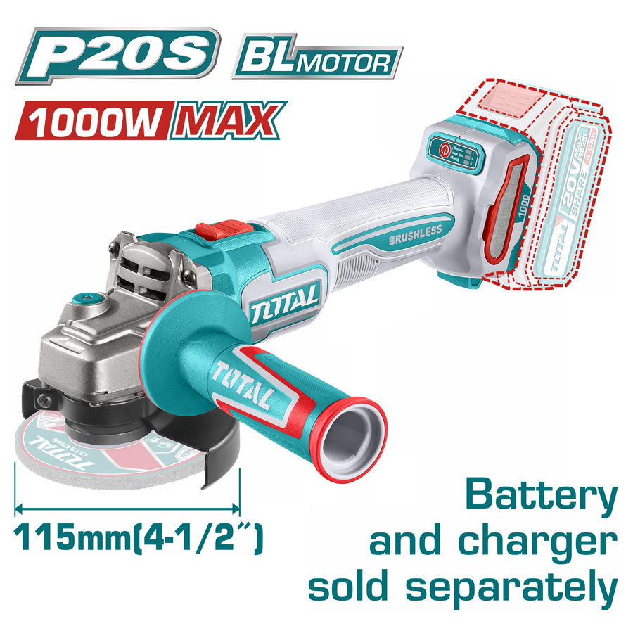 TAGLI27153E TOTAL ΕΠΑΓΓ. ΓΩΝΙΑΚΟΣ ΤΡΟΧΟΣ ΜΠΑΤ. Li-ion 20V / 115mm ΧΩΡΙΣ ΜΠΑΤΑΡΙΑ & ΦΟΡΤΙΣΤΗ (TAGLI27153E)
