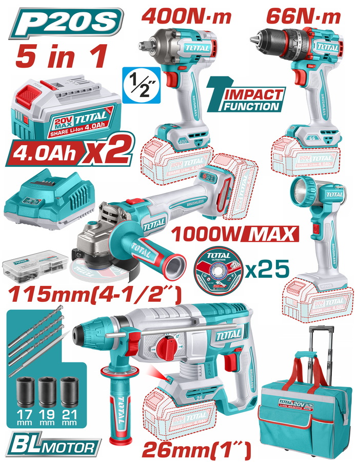 TCKLI20592E TOTAL ΕΠΑΓΓ. ΣΕΤ 5τεμ ΕΡΓΑΛΕΙΩΝ ΜΠΑΤ. Li-ion 20V / 4Ah / 2 ΜΠΑΤΑΡΙΕΣ (TCKLI20592E)