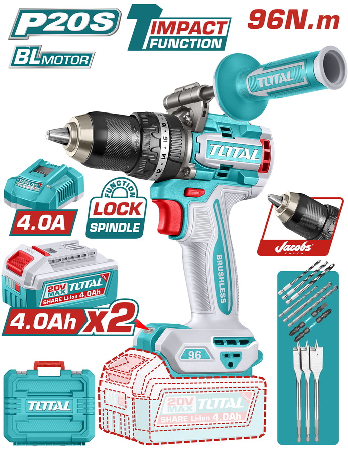 TIDLI209686E TOTAL ΕΠΑΓΓ. ΔΡΑΠ/ΒΙΔΟ ΚΡΟΥΣΤΙΚΟ ΜΠΑΤ. Li-ion 20V / 4Ah / 96Nm / 2 ΜΠΑΤ BL Motor (TIDLI209686E)