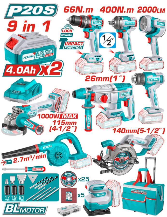 TOSLI250381E TOTAL ΕΠΑΓΓ. ΣΕΤ 9τεμ ΕΡΓΑΛΕΙΩΝ ΜΠΑΤ. Li-ion 20V / 4Ah / 2 ΜΠΑΤΑΡΙΕΣ BL Motor (TOSLI250381E)